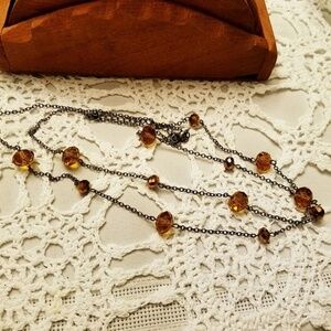 Dainty Long Necklace | Dark Chain Amber-tone Beads